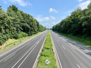 Closed highway A1 between Leverkusen and Burscheid in sunshine during the disaster alarm in North Rhine-Westphalia