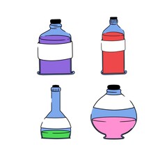 set of glass laboratory flasks with labels. vector