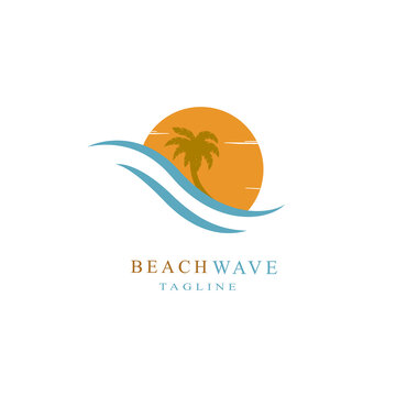 vector illustration Palms, wave and sun logo badge. Design elements