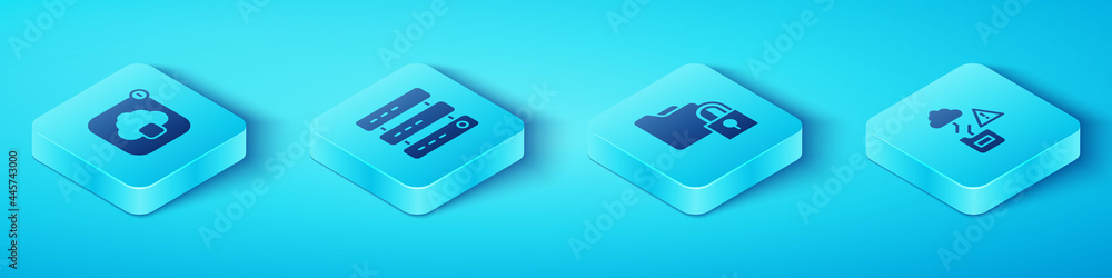 Poster set isometric cloud technology data transfer, server, data, web hosting, and folder and lock icon. v