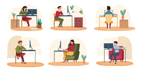 People work in the office concept. Men and women sit at computers at their workplaces and run errands. Remote work from home or freelance. Cartoon flat vector set isolated on a white background