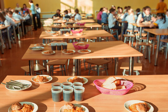 School breakfast in a Russian school. Background blurry image.