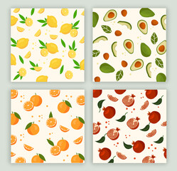 Set of vector seamless patterns with fruits. Lemon, avocado, pomegranate and orange on light background. Flat colorful illustrations for printing on fabric and paper. Poster, pajamas, wall decoration