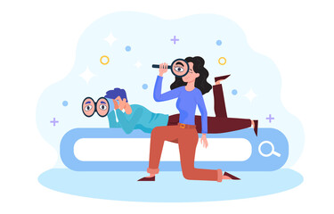 Search or research concept. The man lies on the search bar and looks through binoculars. A woman holds a large magnifying glass. A metaphor for finding solutions for business. Flat vector illustration
