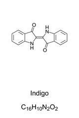 Indigo, chemical formula and structure. Indigo dye, an organic compound with a distinctive blue color. Most indigo produced today is synthetic, to dye cotton yarn, such as denim cloth and blue jeans.