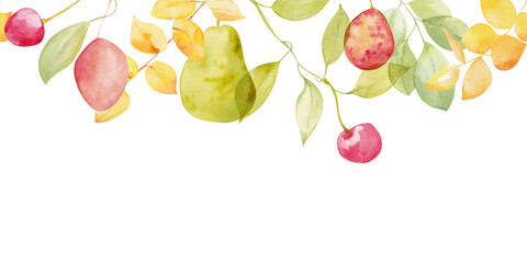 Watercolor seamless border of juicy, bright summer fruits, berries, branches and leaves on a white background © Анастасия Гусарова