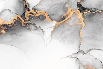 Fotobehang Marmer Zwart goud abstracte achtergrond van marmeren vloeibare inkt kunst schilderij op papier. Afbeelding van originele kunstwerken aquarel alcohol inkt verf op papier textuur van hoge kwaliteit.