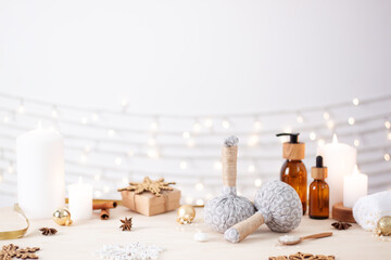 Christmas healthy lifestyle. Spa treatment and relaxation concept on white background. Close up, copy space