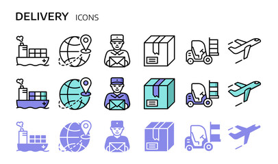 Shipping and delivery icons set. Vector symbols in linear and flat style.