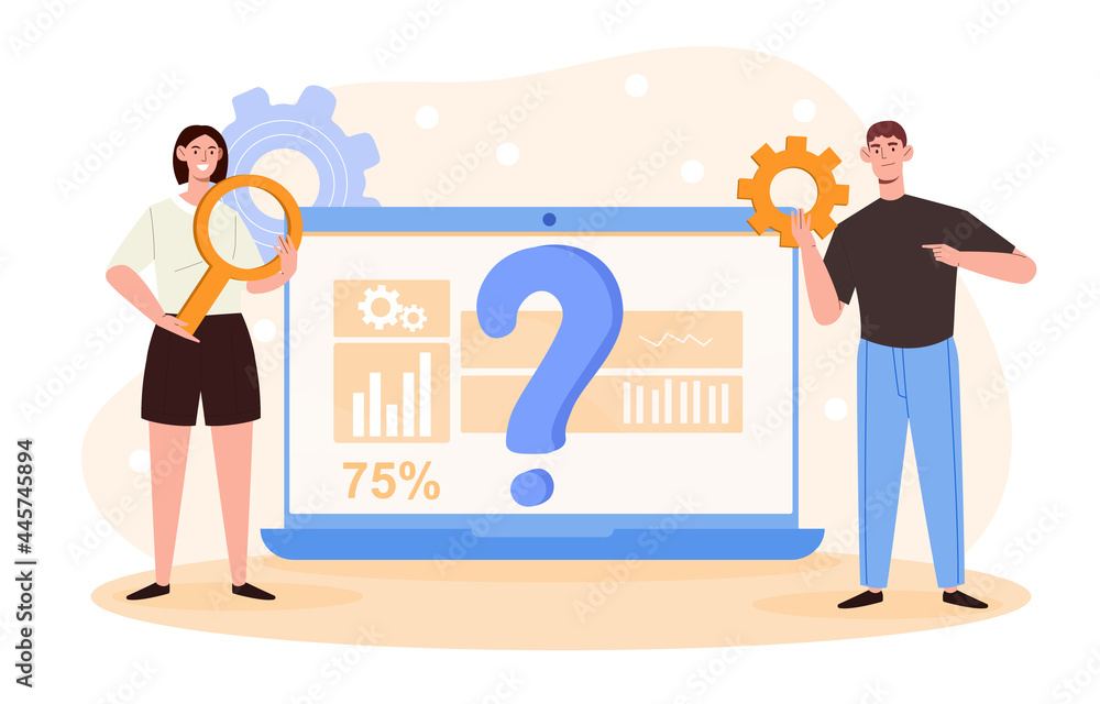 Aufkleber problem solving concept. man and a woman are standing next to a large laptop. there is a large quest