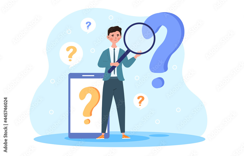Poster ask a question concept. a man with a large magnifying glass in his hands is trying to find answers t