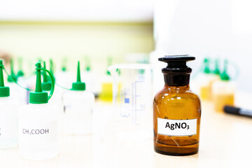 Chemical industry flask with liquid laboratory test tubes are on the table in the laboratory of liquid testing development of tests substances poisons additives stabilizers flavors cleaning the house