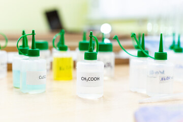 Chemical industry flask with liquid laboratory test tubes are on the table in the laboratory of liquid testing development of tests substances poisons additives stabilizers flavors cleaning the house