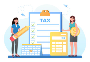 Taxes calculation concept. women with a pencil, a calculator and a coin count the amount of money for the state. State Government taxation, calculation of tax return. Cartoon flat vector illustration