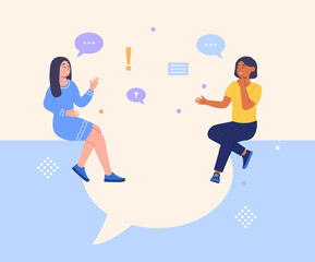 Women say concept. Two female friends are sitting and talking about various topics and solve questions. Discussion of gossip and news. Cartoon flat vector illustration on a colored background