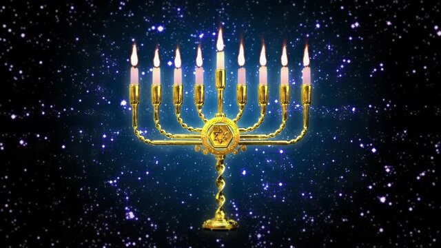 hanukkiah lamp with lighting candles holiday concept