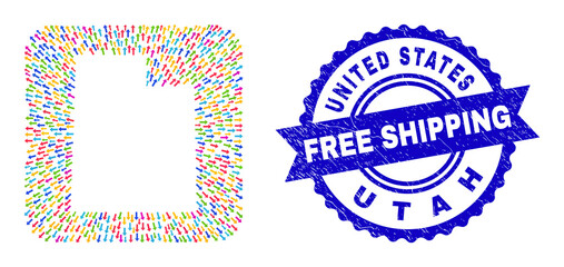 Vector mosaic Utah State map of arrows and rubber Free Shipping seal stamp. Mosaic Utah State map designed as carved shape from rounded square shape using away arrows.