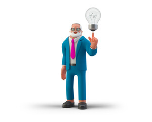 Businessman Holding Lamp Got an Idea isolated on White Background 3D illustration. 3D people collection