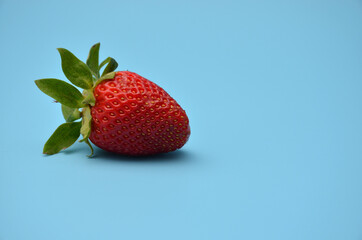 A freshly picked strawberry on a blue background.