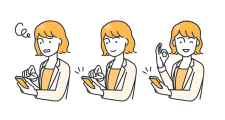 女性ビジネスパーソンがスマートフォンを操作しているイラスト