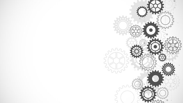 Cogs and gear wheel mechanisms. Concepts and ideas for hi-tech digital technology and engineering design. Abstract technical background of mechanical engineering