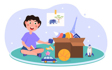 Boy playing with toys concept. The child collects toys in a box and is happy. Performs housework. Rocket, ball, cube, car. Cartoon flat vector illustration isolated on a white background