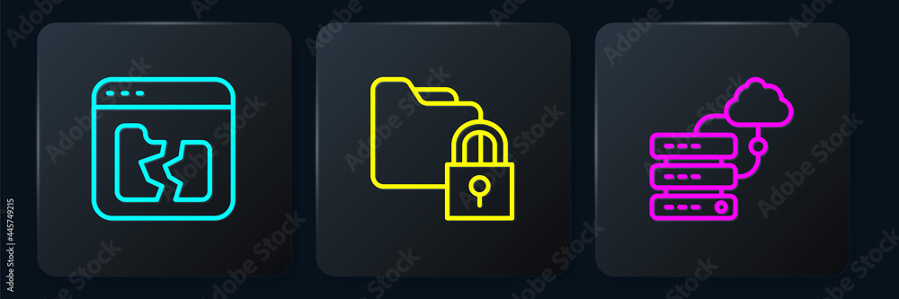 Poster set line broken file, network cloud connection and folder and lock. black square button. vector