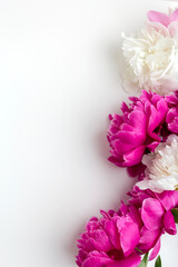  Pink and white peonies on white wooden background. Copy space.