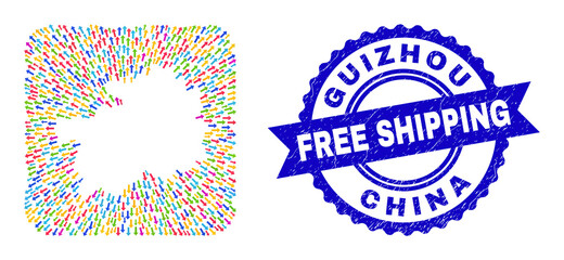 Vector collage Guizhou Province map of evacuation arrows and grunge Free Shipping seal. Collage Guizhou Province map created as carved shape from rounded square with delivery arrows.