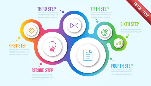 Business infographic six steps. Colorful bubble modern timeline infographic template.