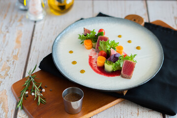 fresh tuna raw with vegetable salad - healthy food
