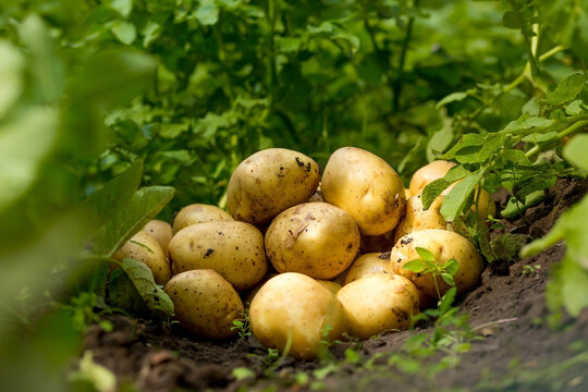 The Concept Of Growing Food. Fresh Organic New Potatoes In A Farmer's Field. A Rich Harvest Of Tubers On The Ground.