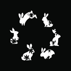 Gloomy Easter, decorated easter card, banner. Bunnies, spider, scorpion and leaves. 