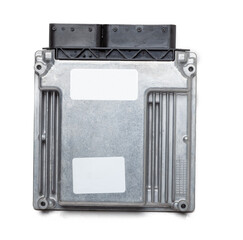 Metallic car engine control unit with plastic elements on a white isolated background is connecting...