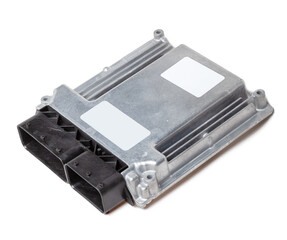 Metallic car engine control unit with plastic elements on a white isolated background is connecting...