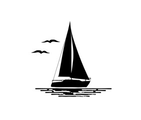Black and white illustration of sailing boat isolated on white background. Water, birds, silhouettes. 