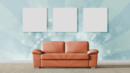 Empty wall mock up in Scandinavian style interior with sofa. 3D render. Rays. Modern furniture. Minimalist interior design. 3D illustration. Blank paintings on the wall.	