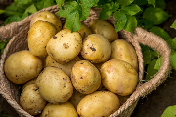 The concept of growing food. Fresh organic new potatoes in a farmer's field. A rich harvest of tubers in a wicker basket.