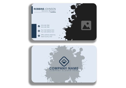 Horizontal dark blue with brush overview business card image rounded brush Double-sided creative business card template. Portrait and landscape orientation. Horizontal and vertical layout. Vector