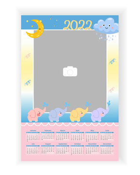 Wall Photo Calendar 2022. Cute, colorful, baby, summer holiday, vertical photo calendar template with elefants, moon. Calendar design 2022 year in English. Week starts from Monday. Vector illustration