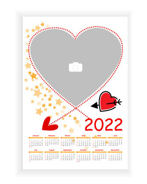 Wall Photo Calendar 2022. Beautiful, vertical photo calendar template with heart. Calendar design 2022 year in English. Week starts from Sunday. Vector illustration