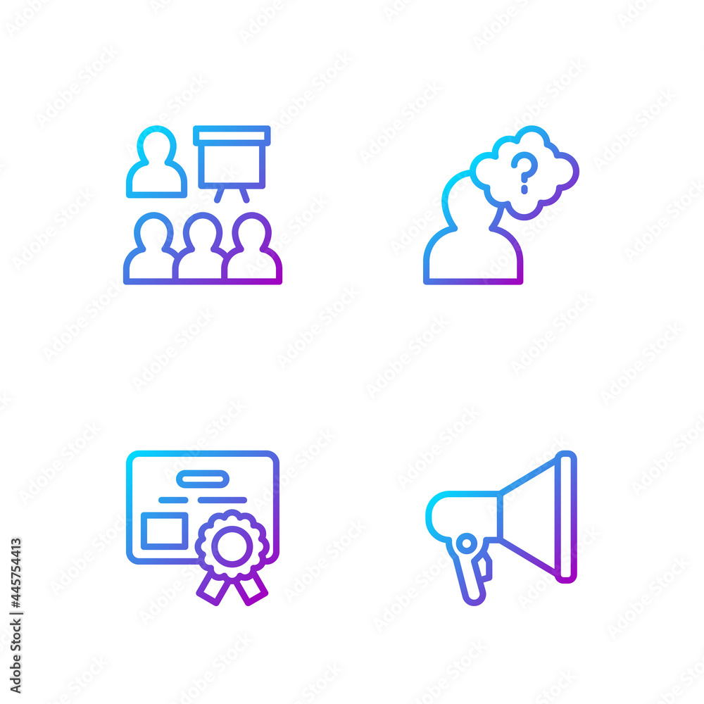 Poster set line megaphone, certificate template, training, presentation and head with question mark. gradie
