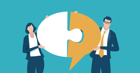 Completing Idea. Unity, partnership concept. Two business persons completing speech bubble, metaphorical representation of an idea. Business vector concept illustration