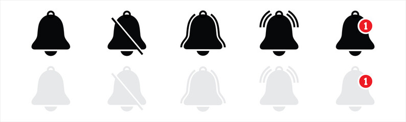 Notification bell light and dark icons set isolated on white background. ringing bell and notification for clock and smartphone, alarm alert, vector Illustration.