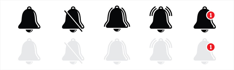 Notification bell light and dark icons set isolated on white background. ringing bell and notification for clock and smartphone, alarm alert, vector Illustration.