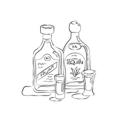 Fototapeta na wymiar Bottle and glass rum and tequila together in hand drawn style. Beverage outline icon. Restaurant illustration for celebration design. Line art sketch. Black contour object on white background