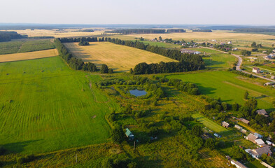 Aerial view of suburban villages in summer