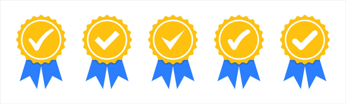 Approved or certified medal icons in a flat design.