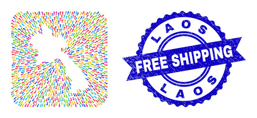 Vector mosaic Laos map of navigation arrows and scratched Free Shipping seal stamp. Mosaic Laos map designed as hole from rounded square with navigation arrows.