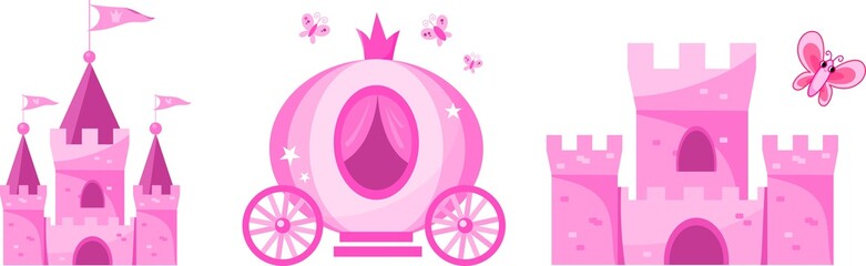 Pink girlish cartoon princess and royal majesty vector set with carriage, castle, palace, fortress towers cute illustration isolated on white background